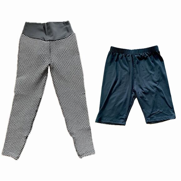 SHEIN Pack of 2 Athletic Bottoms Black Bike Shorts Gray White Textured Leggings - Picture 1 of 10